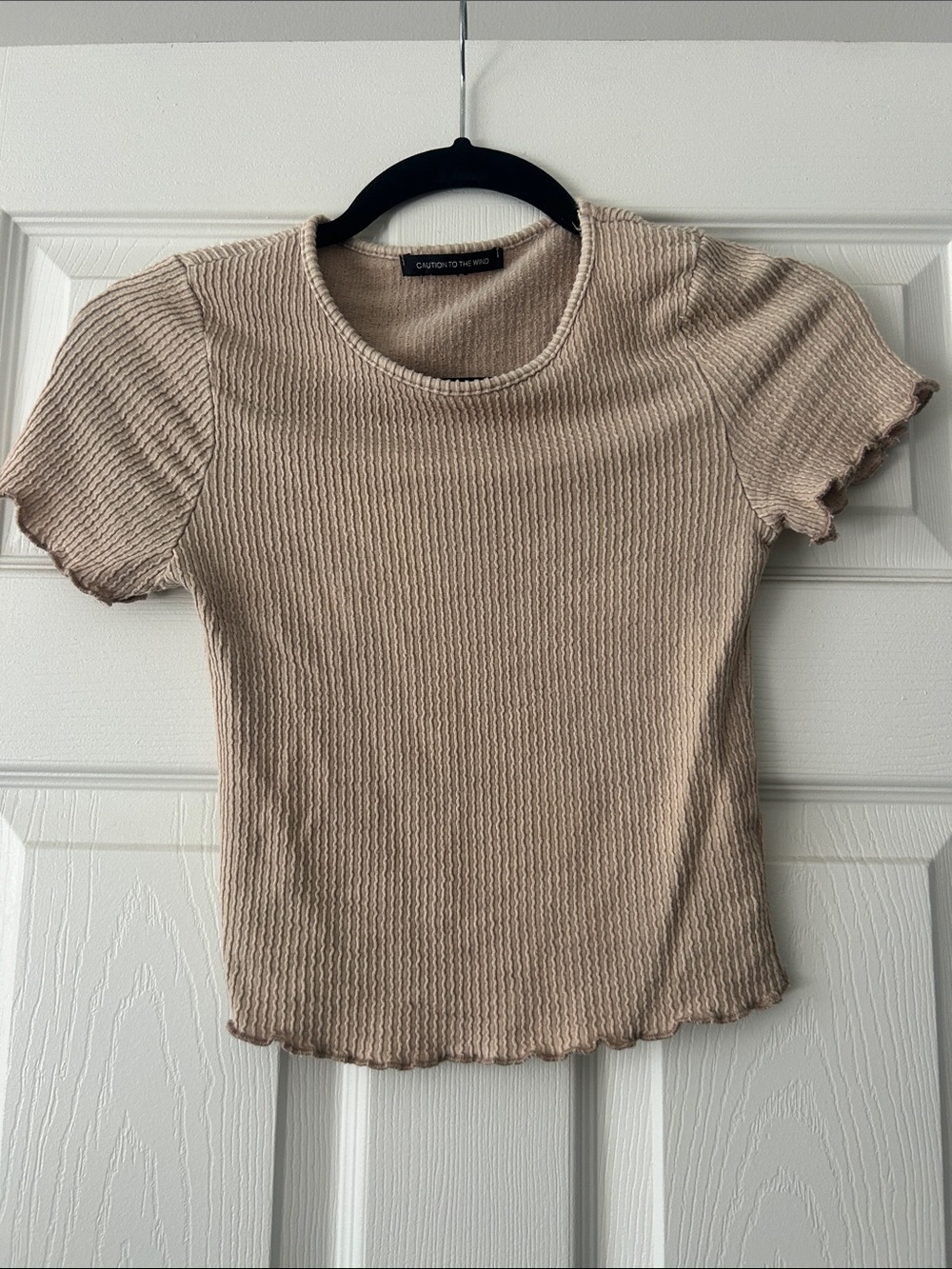 Caution To The Wind Ribbed Short Sleeve Top - Beige